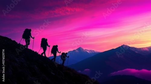 Scenic sunrise hike with glowing skies and mountain silhouettes for hiking tour ad.