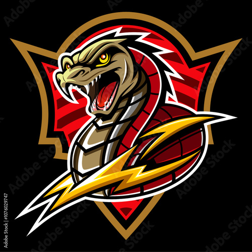 The snake and lightning illustration with emblem is used as a logo for a sports team.