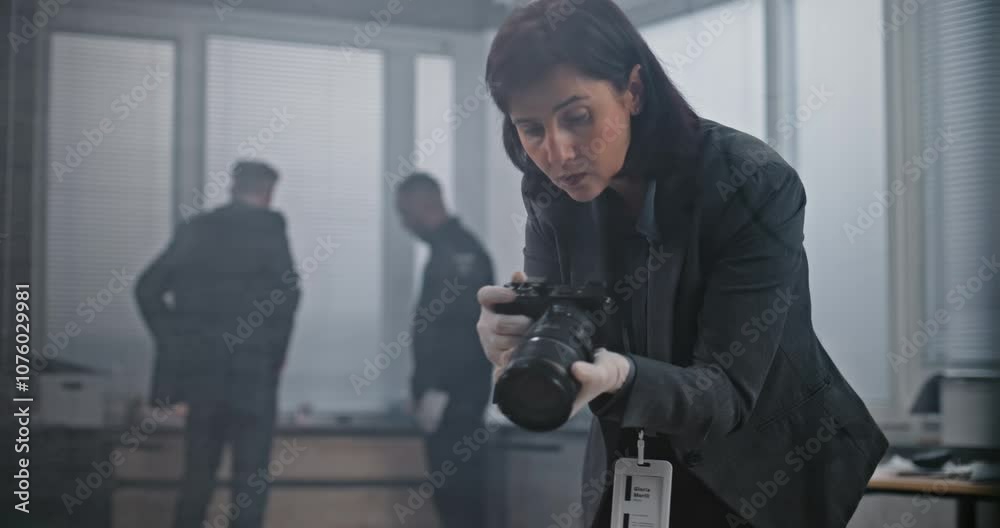 Office robbery or murder case: Female forensic scientist takes photos of evidence with camera. African American policeman and detective in the background. Investigation team working at crime scene.