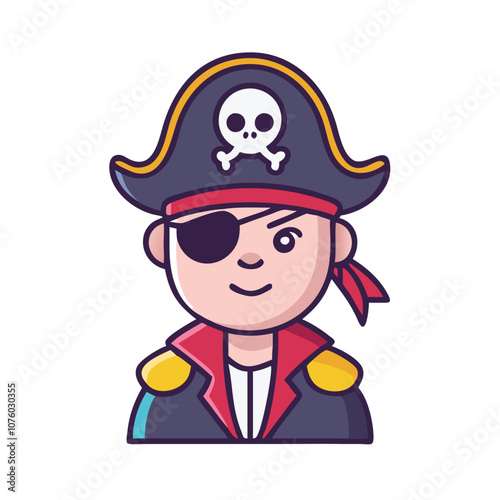 Pirate character icon with eyepatch and hat, Vector illustration of a pirate character wearing a skull hat, eyepatch, and red coat, representing a classic sea adventurer or buccaneer.
