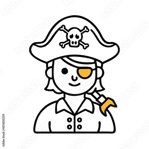 Pirate character icon with eyepatch and hat, Vector illustration of a pirate character wearing a skull hat, eyepatch, and red coat, representing a classic sea adventurer or buccaneer.
