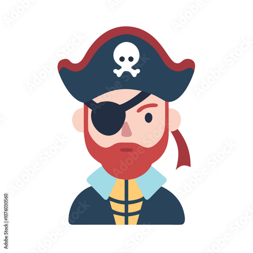 Pirate character icon with eyepatch and hat, Vector illustration of a pirate character wearing a skull hat, eyepatch, and red coat, representing a classic sea adventurer or buccaneer.
