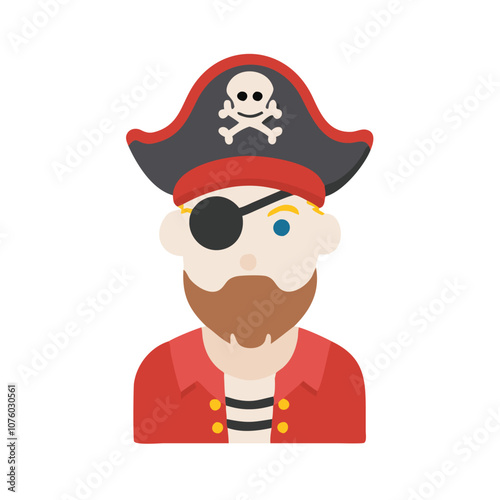 Pirate character icon with eyepatch and hat, Vector illustration of a pirate character wearing a skull hat, eyepatch, and red coat, representing a classic sea adventurer or buccaneer.
