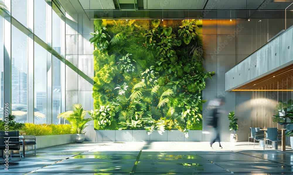Time-lapse of people walking in an open space of a modern eco-friendly office with green plants growing on the walls.