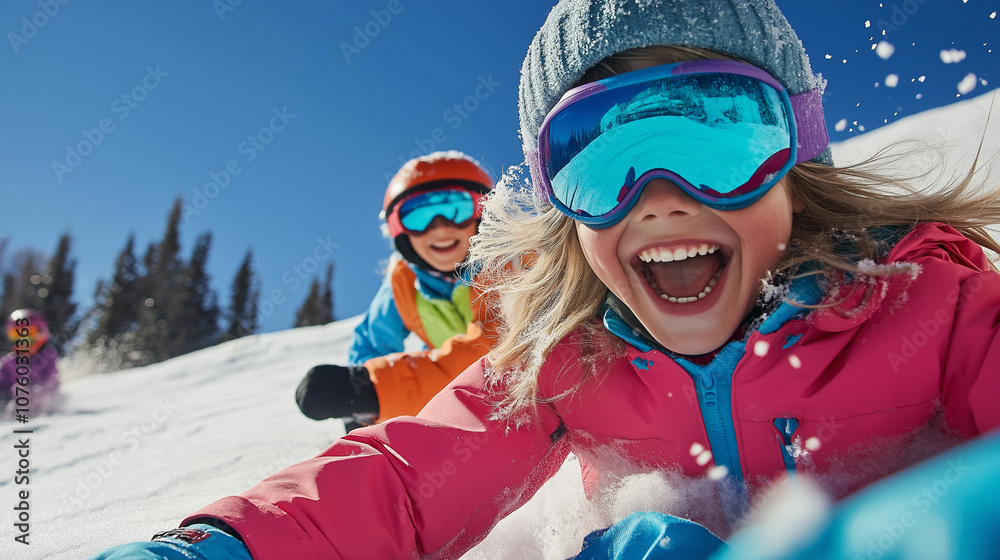 Excited children sledding down a snowy hill, dressed in colorful winter gear on a sunny day. Excited children sledding down a snowy hill, dressed in colorful winter gear on a sunny day.