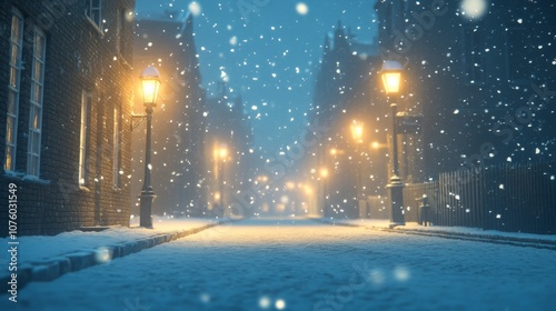 Snow-Covered Street at Night with Streetlights and Brick Buildings