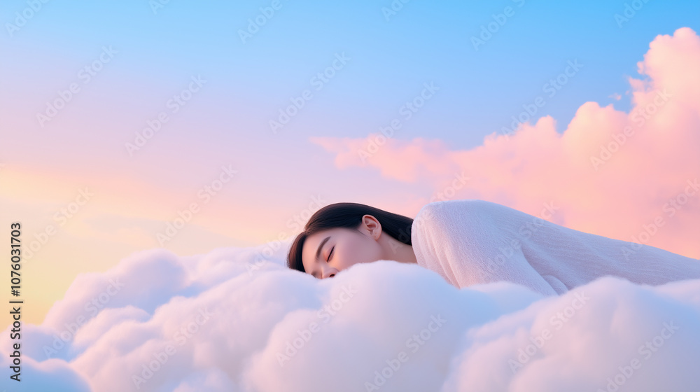 Peaceful woman sleeping on fluffy white clouds in a dreamy, serene sky setting. Peaceful woman sleeping on fluffy white clouds in a dreamy, serene sky setting.