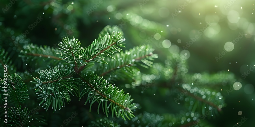 branches of fir trees in the forest, blurry background, snowflakes, copy space branches of fir trees in the forest, blurry background, snowflakes, copy space