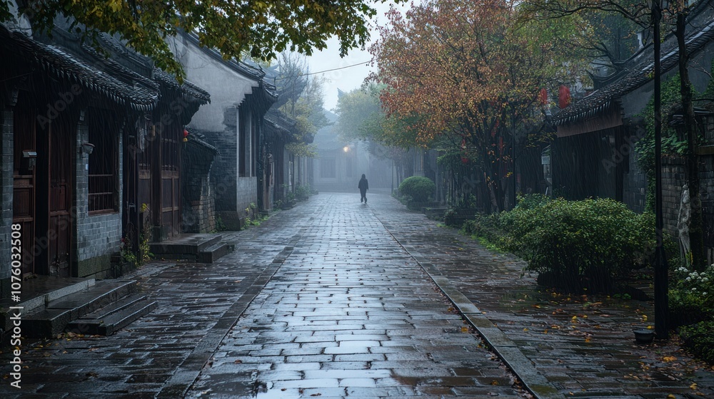 Obraz premium Solitary Figure Walking Through a Misty Chinese Alley