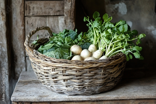 Basket of organic vegetables on a rustic wooden table photo