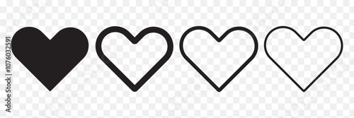 Silhouette black heart icon set in different shape isolated on white background. Heart icons. Black hearts symbol, love sign, heartbeat silhouette, heart pictograms isolated set. Vector illustration.