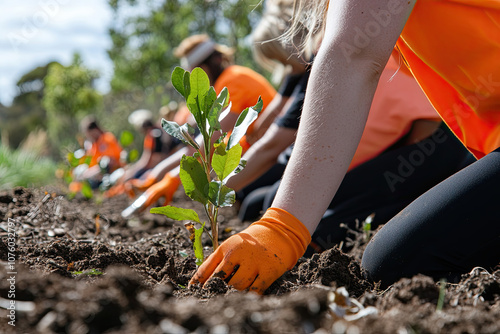 Volunteers participating in a community tree-planting day photo