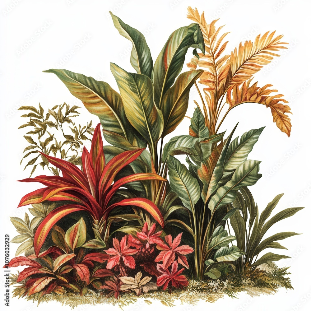 Obraz premium Colorful tropical plants arranged in a lush display demonstrating vibrant foliage and textures