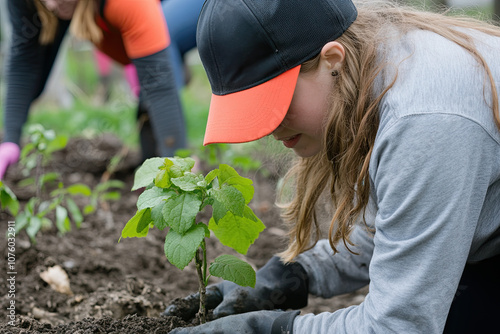Volunteers participating in a community tree-planting day photo