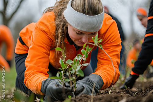 Volunteers participating in a community tree-planting day photo