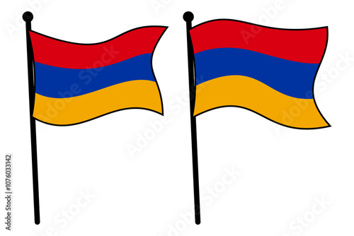 Set of Waving Armenia Flags on Flagpoles, Simple Vector Collection for Icon and Logo Design, Editable EPS Graphics, Isolated on White Background