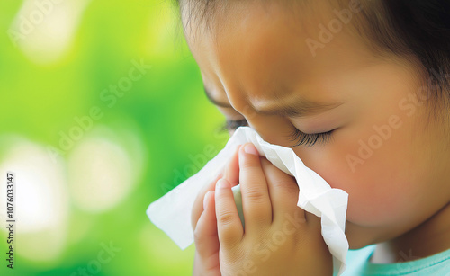 Girl sneezing into a tissue against a bright green background, representing allergy or illness. photo