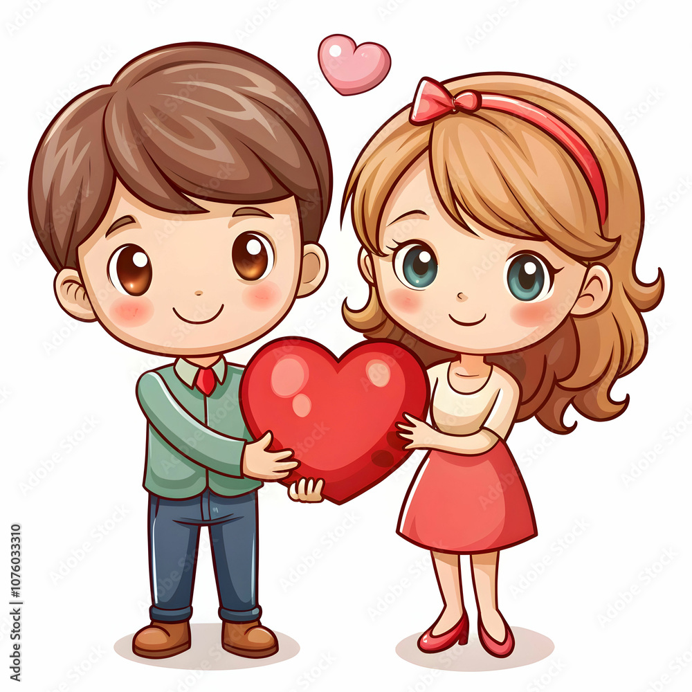 A charming cartoon couple shares a sweet moment with a red heart.