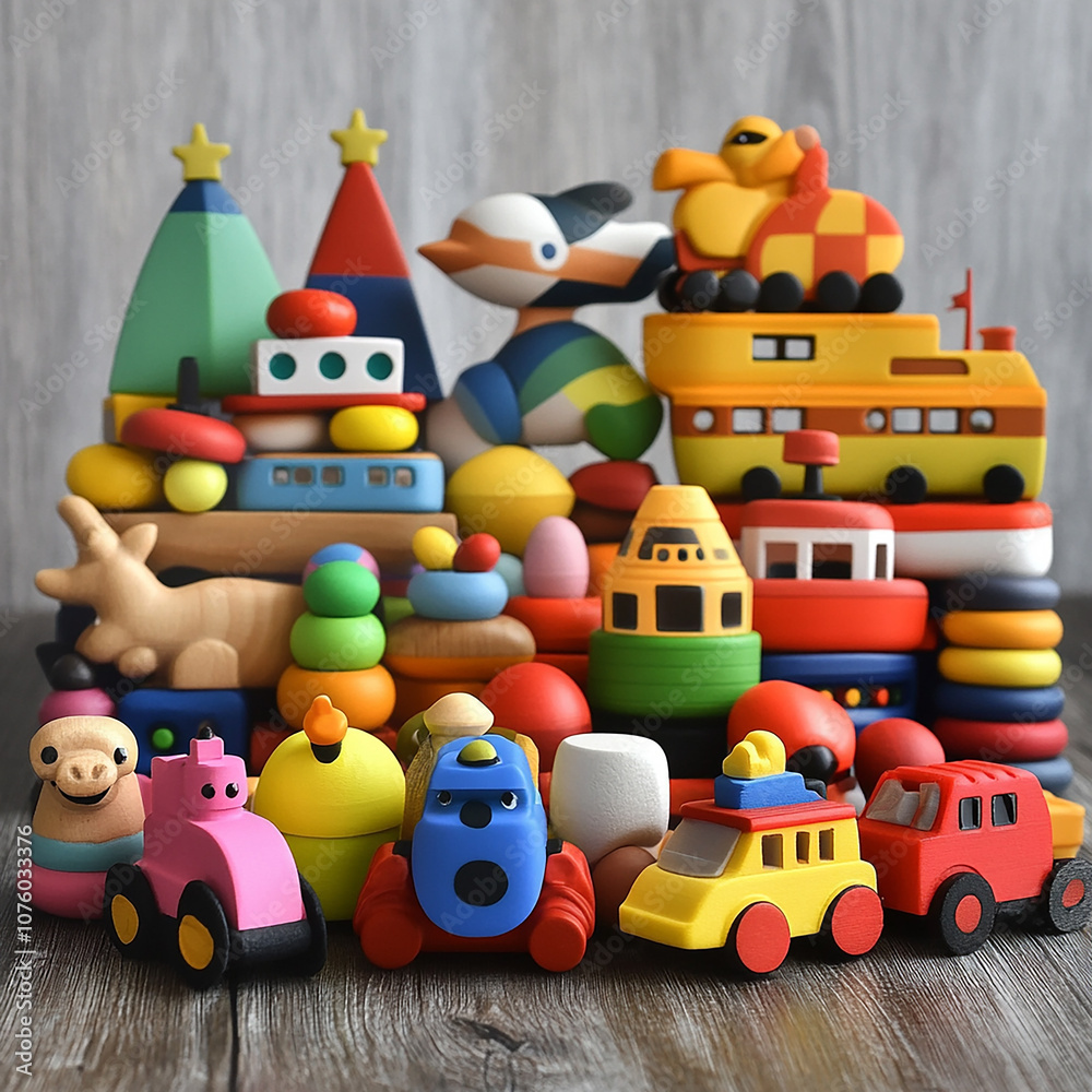 Obraz premium Kids toys set. Toy kid child preschool house baby game ball train yacht horse doll duck boat plane bear car pyramid