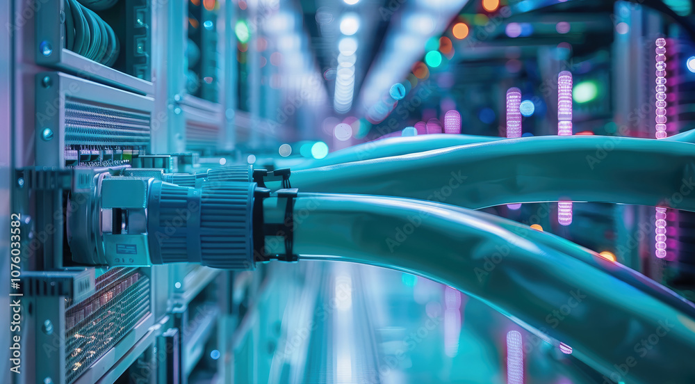 The interior of an office data center, with network cables and colorful blue patch panels and fashionable white labels on them. The main focus is on one large pale green cable in front. The interior of an office data center, with network cables and colorful blue patch panels and fashionable white labels on them. The main focus is on one large pale green cable in front.