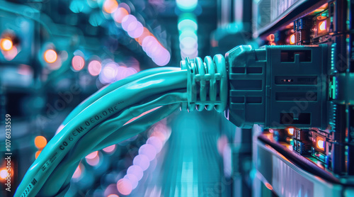 The interior of an office data center, with network cables and colorful blue patch panels and fashionable white labels on them. The main focus is on one large pale green cable in front. photo