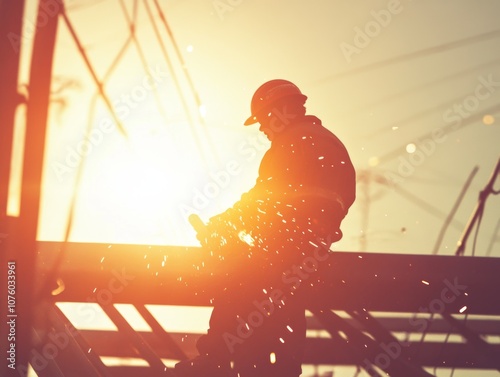 A silhouette of a worker welding at sunset, creating sparks in an industrial setting.