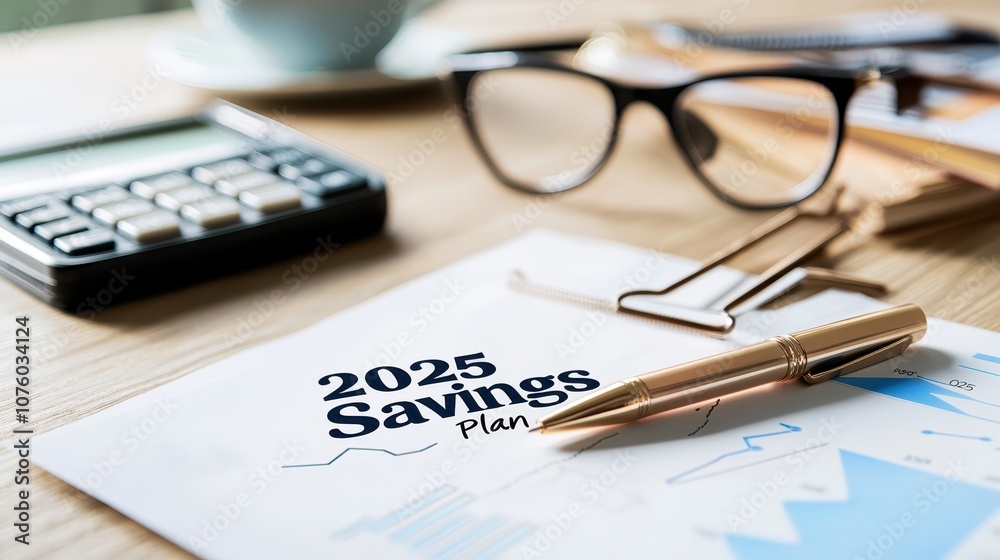 A savings plan for 2025, featuring financial documents, a calculator, glasses, and a pen, indicating organization and financial planning. A savings plan for 2025, featuring financial documents, a calculator, glasses, and a pen, indicating organization and financial planning.