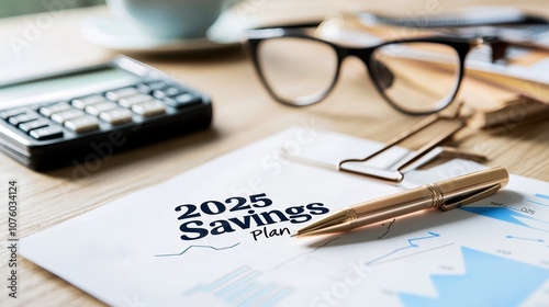 A savings plan for 2025, featuring financial documents, a calculator, glasses, and a pen, indicating organization and financial planning.