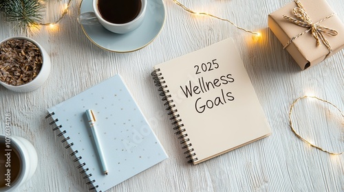 A serene flat lay featuring two notebooks, a coffee, and a gift box, emphasizing wellness goals for 2025 amidst cozy decor.