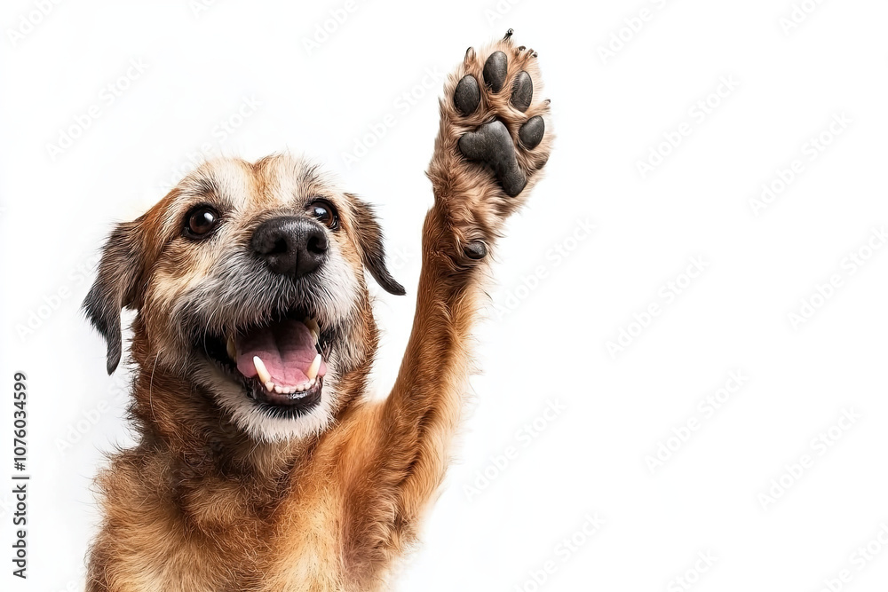 Fototapeta premium A cheerful dog raising its paw for a high five, isolated on a white background with ample space for copy