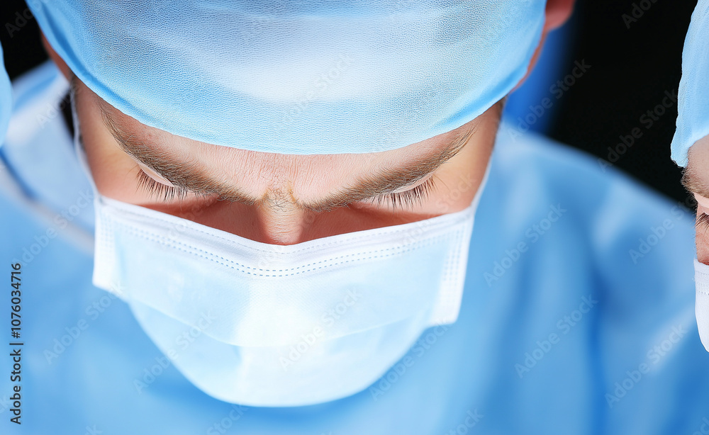 Fototapeta premium Surgeons preparing for an operation in a sterile, well-lit operating room with overhead lights.