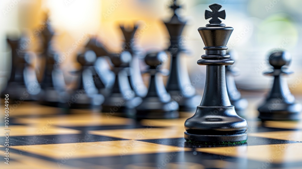 A black king stands out on a chessboard, its polished surface reflecting soft light, creating an elegant focus in the composition. Generative AI A black king stands out on a chessboard, its polished surface reflecting soft light, creating an elegant focus in the composition. Generative AI