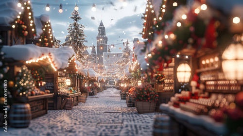 A cozy winter market with festive decorations and twinkling lights softly illuminating charming stalls filled with handcrafted ornaments warm, traditional architecture and a backdrop of mountains.