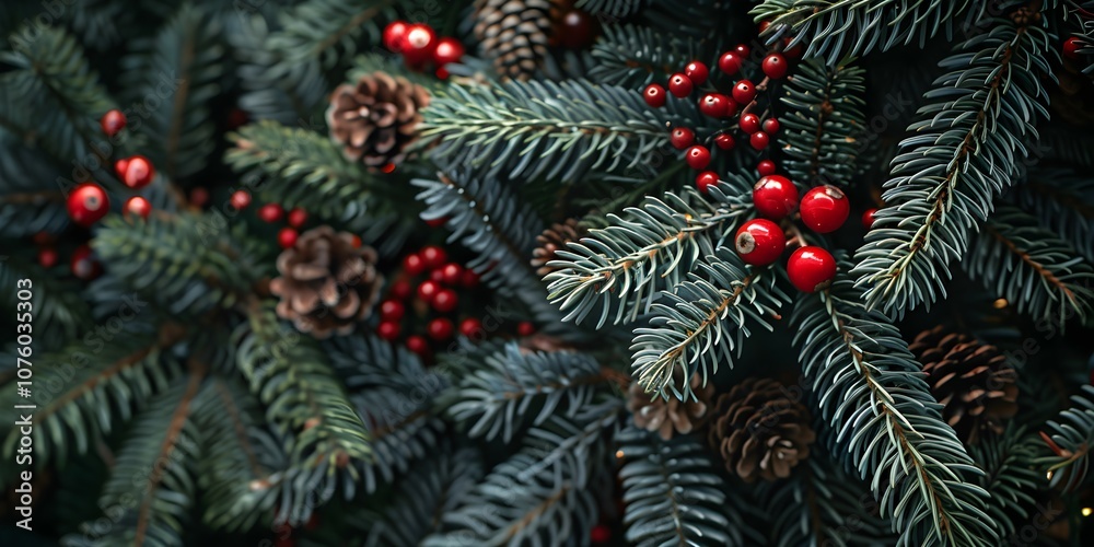 Beautiful Christmas Background with green fir tree brunch with cones close up. Copy space Beautiful Christmas Background with green fir tree brunch with cones close up. Copy space
