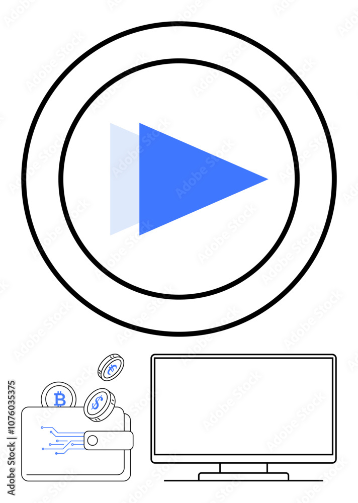 Digital wallet with cryptocurrency coins, play button, and computer monitor. Ideal for fintech, cryptocurrency, digital transactions, online streaming, finance, technology education and web design