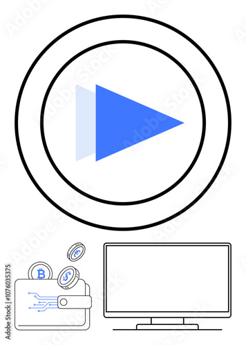 Digital wallet with cryptocurrency coins, play button, and computer monitor. Ideal for fintech, cryptocurrency, digital transactions, online streaming, finance, technology education and web design