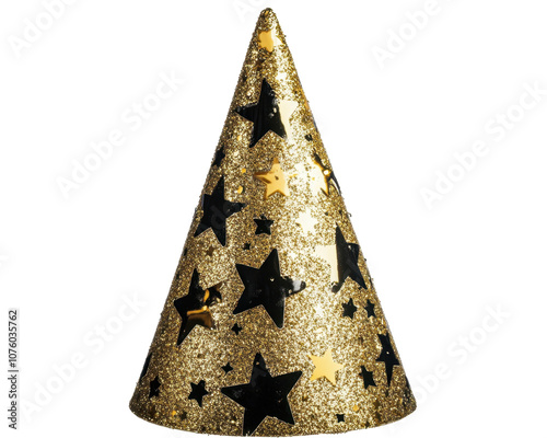 A glittery gold party hat adorned with black stars, perfect for celebrations and festive occasions.