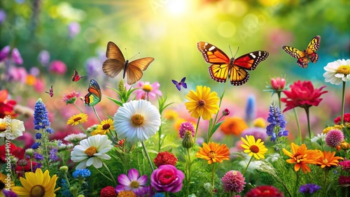 Fototapeta Naklejka Na Ścianę i Meble -  A vibrant and playful scene of a garden full of bright flowers and butterflies, playful, garden, butterflies, colorful