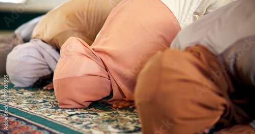 Φωτογραφία Islamic, bow or women in mosque to worship for Palestine, gratitude and support to Allah on holy carpet