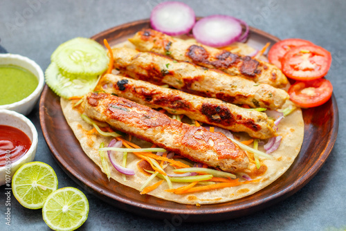 Juicy chicken seekh kebabs, perfectly spiced and grilled, served with refreshing mint chutney and tangy tomato sauce. Delicious!