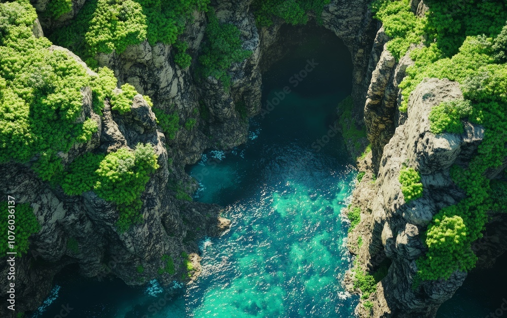 Aerial view of rocky cliffs covered in lush greenery, overlooking clear turquoise water. Aerial view of rocky cliffs covered in lush greenery, overlooking clear turquoise water.
