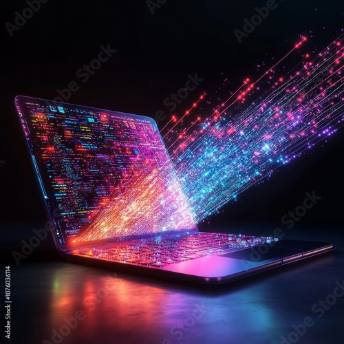 A futuristic laptop with a bright light beam streaming out, representing the exciting world of online learning and digital textbooks.
