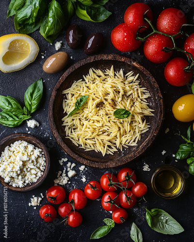rustic italian food ingredients with cherry tomatoes and orzo pasta