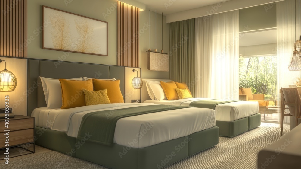 Modern Hotel Room with Elegant Furnishings Modern Hotel Room with Elegant Furnishings