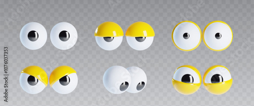 3d yellow doll googly eyes for cartoon isolated vector. Funny character with crazy, cute and silly expression. Open vision icon pair for looking. Realistic wobbly eyesight for puppet clipart