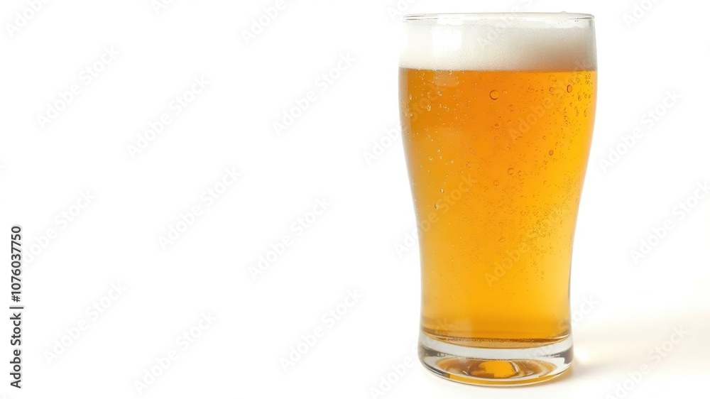 Beer glass with condensation creating droplets on a plain white background, chilled, summer Beer glass with condensation creating droplets on a plain white background, chilled, summer