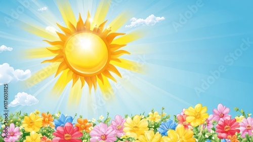 A bright sun shines over a colorful flower field under a clear blue sky.