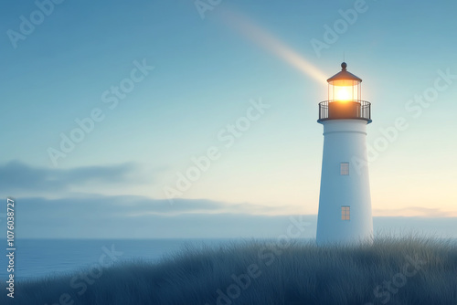 A serene lighthouse standing tall by the ocean, illuminating the night sky.
