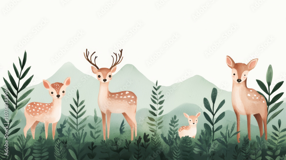 A serene scene of grazing deer among lush greenery and gentle hills in the background. A serene scene of grazing deer among lush greenery and gentle hills in the background.