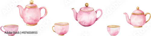 Cute pink teapot and tea cup watercolor clip art set in pastel purple vintage style. Isolated on a white background